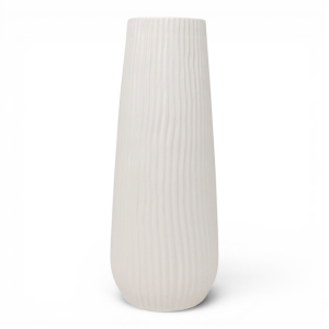 Tall Zahra white ceramic vase with flowing vertical ribs, a tapered body and rounded base
